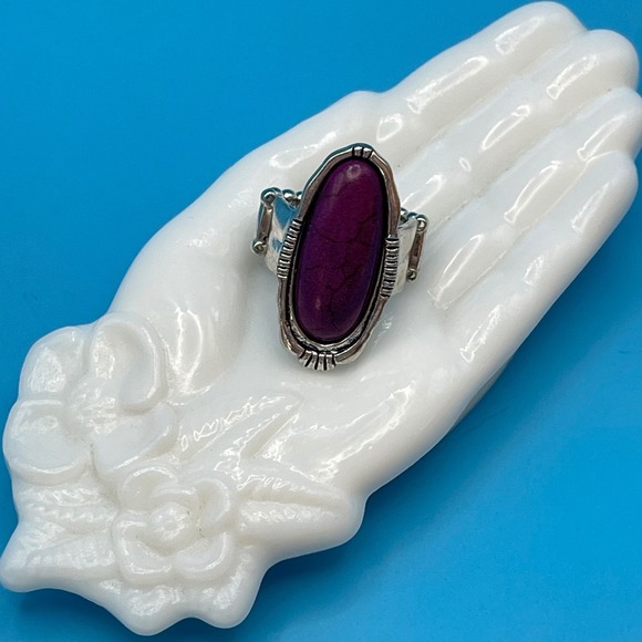 paparazzi Jewelry - Purple Teardrop Silver Tone Stretch Ring Southwestern Boho Festival Cowgirl